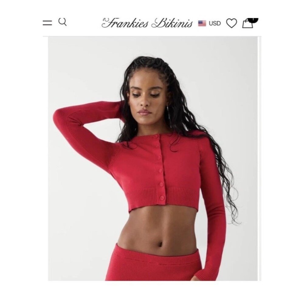 Frankies Bikinis Danny Cloud Knit Cropped Cardigan in Burning Love Red Small Y